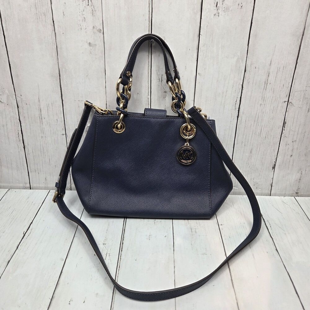 Michael Kors Saffiano Leather Cynthia Convertible Satchel Bag Small Navy Blue - Picture 2 of 16